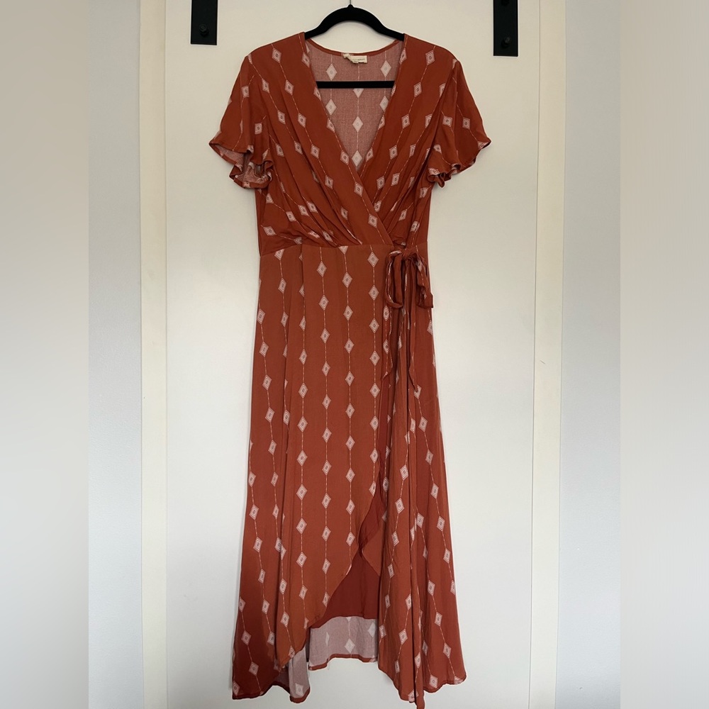 Rust Wrap High-Low Dress with Diamond Motif